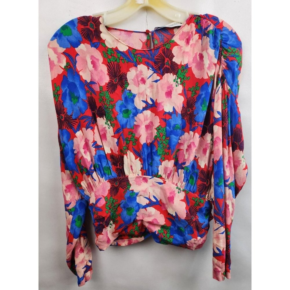 Zara Pink Multi Draped Floral Print Long Sleeve Gathered Blouse Size XS - Picture 2 of 8